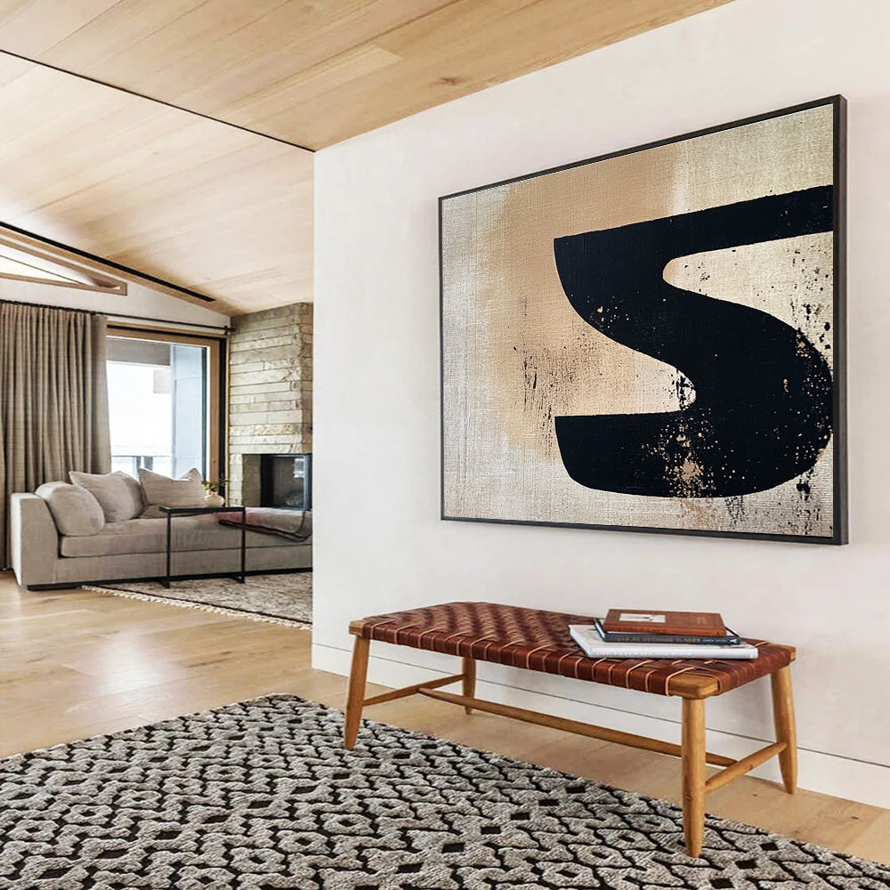 Black S - Shaped on Beige Abstract Painting DYP094