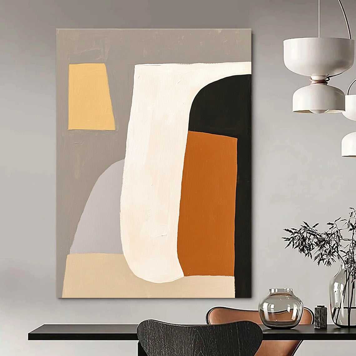 Large abstract painting featuring white shapes with an orange and black form against a grey background embodying minimalism and elegance.STSC628