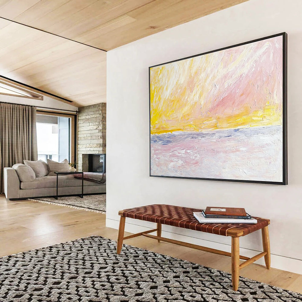 Large abstract painting of sky and sea in Turner style featuring pale pink yellow and beige colors with bold brush strokes.SC365