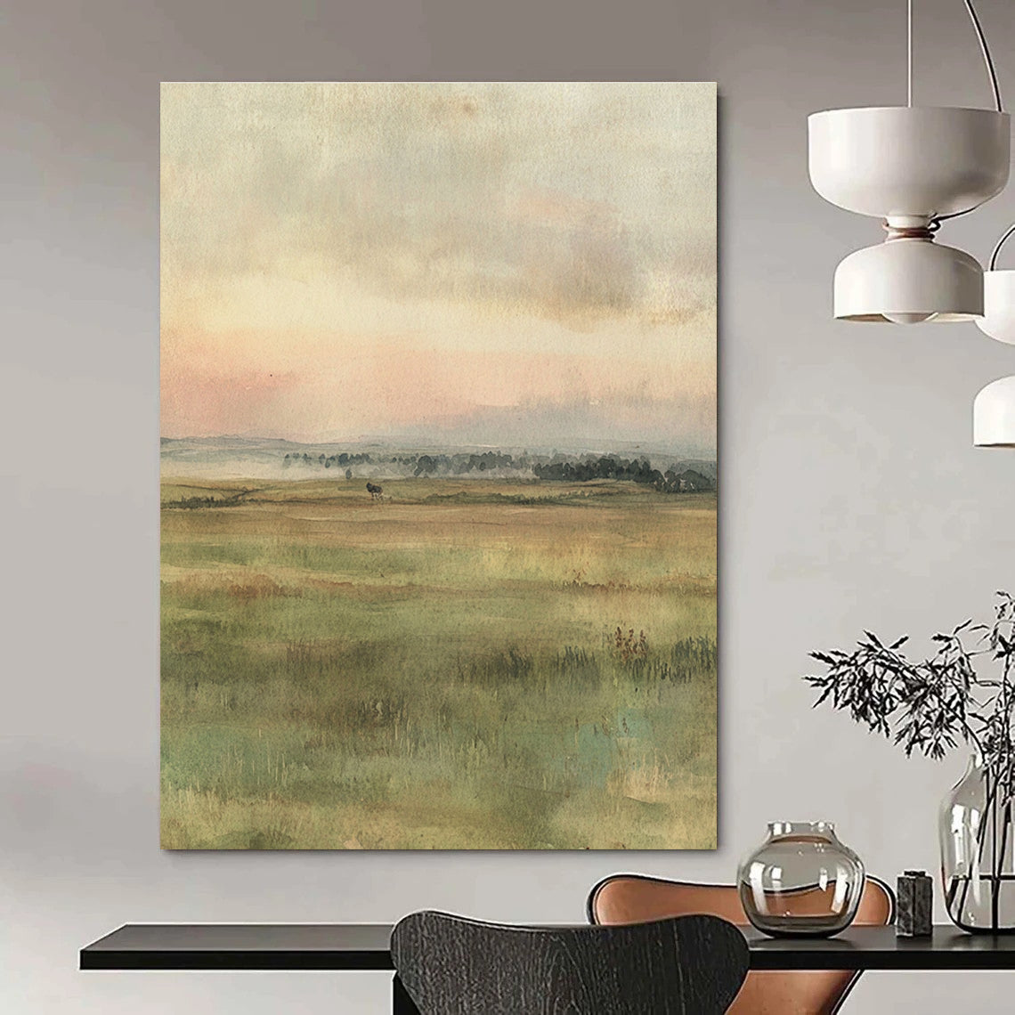 A large abstract painting featuring muted colors of an open field with gentle brushstrokes and two hares in the foreground.STSC1229