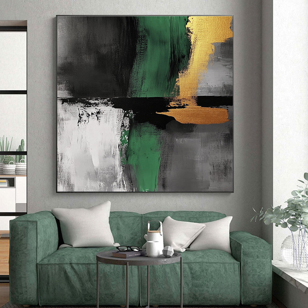 Green Gold and Gray Abstract Painting with Bold Strokes GER550