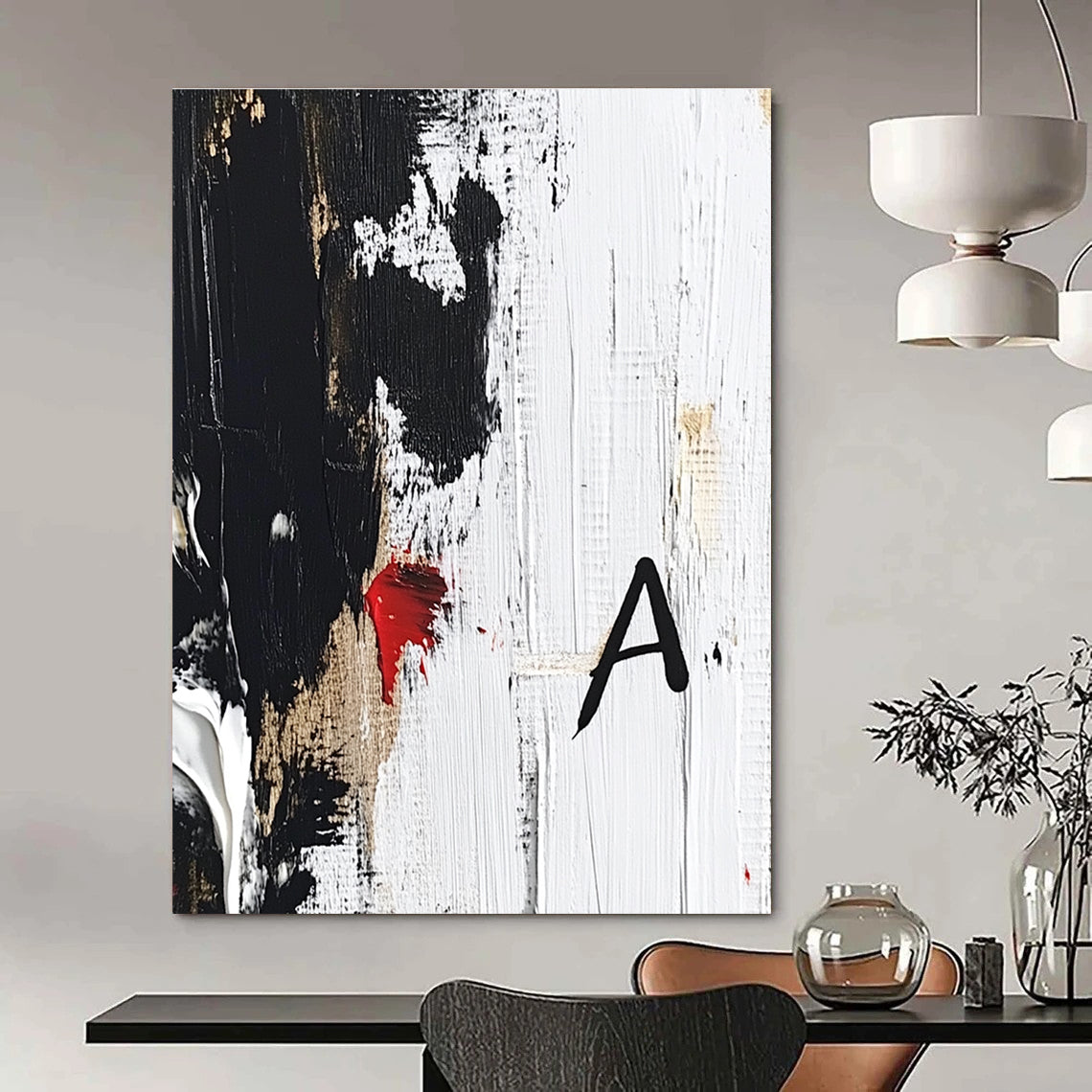 Large abstract painting in black and white with red accent showcasing thick brushstrokes and textures on a white background with signature A.STSC026