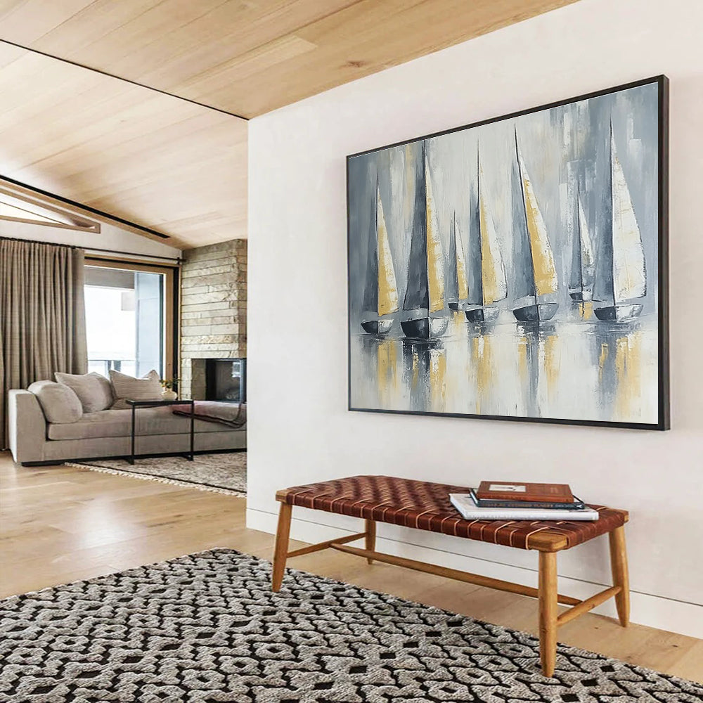 Large abstract painting featuring sailing boats with gray and gold sails on calm waters under soft lighting and a neutral background.SC610