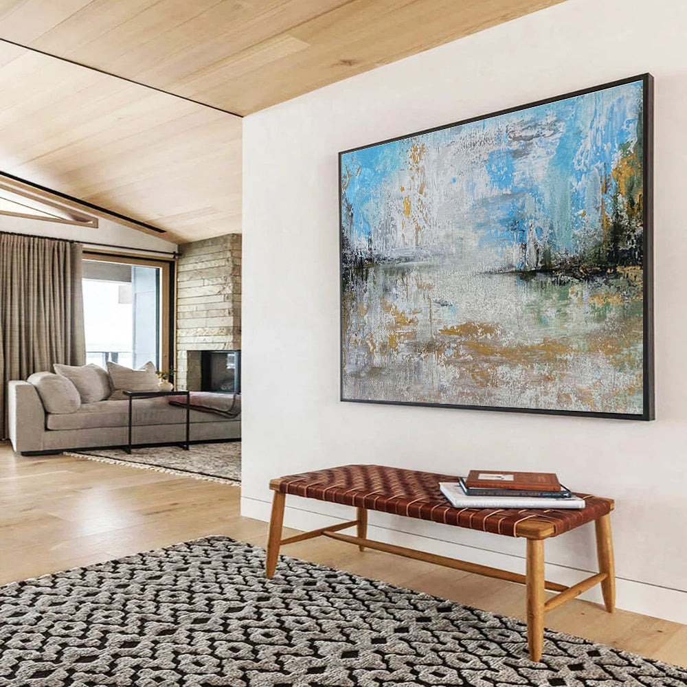 Lake View Abstract Painting with Blue Gray and Gold Reflections THY348