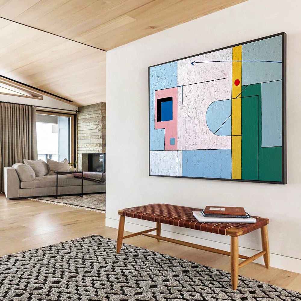 A large abstract painting featuring geometric pastel shapes, a small window, a door, and a downward arrow, evoking tranquility and creativity.SC491