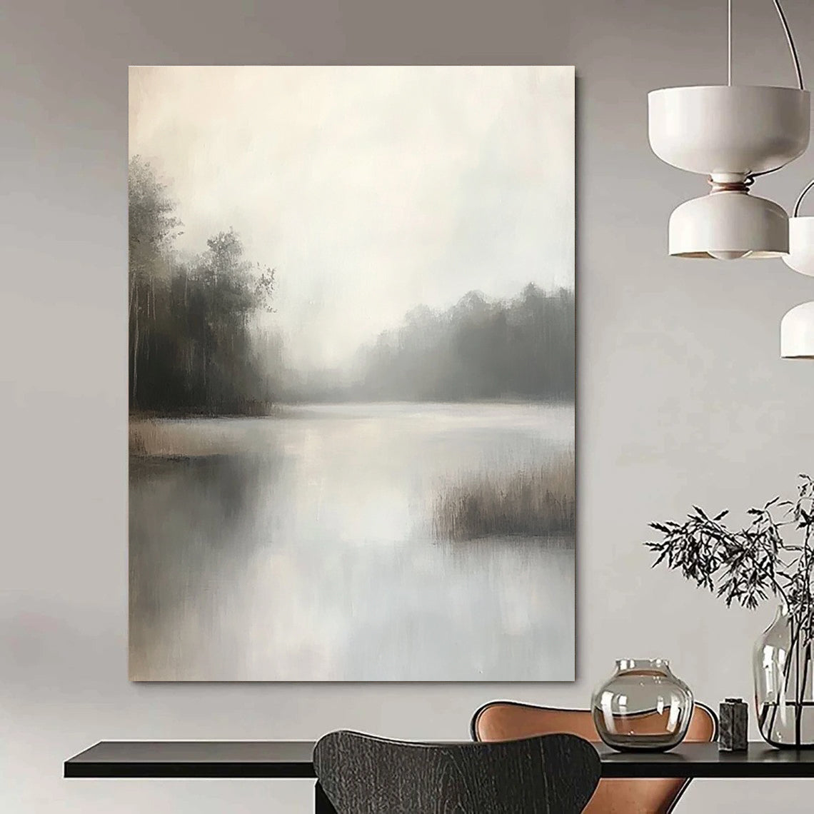 Large abstract painting capturing a misty bayou with muted grey and white tones featuring soft brushstrokes and detailed foliage in a minimalist style.STSC1100
