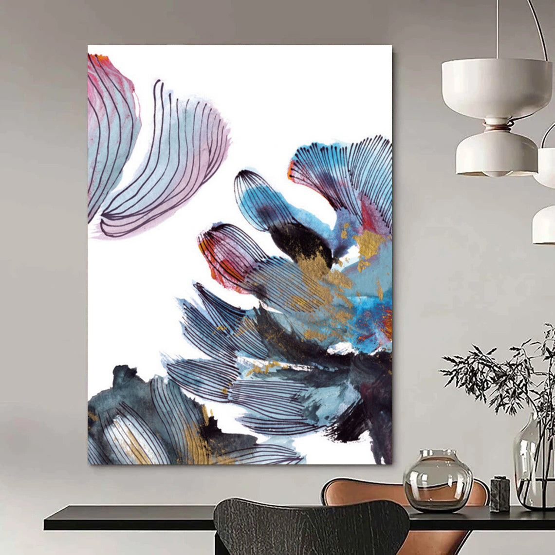 Floral Abstract with Colorful Petals and Gold Accents Painting ADGE199