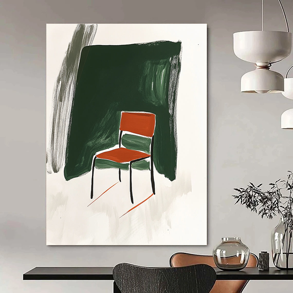Abstract artwork featuring Minimalist Japandi style with a chair influenced by David Hockney in green and white background adorned with orange brush strokes.STSC1336