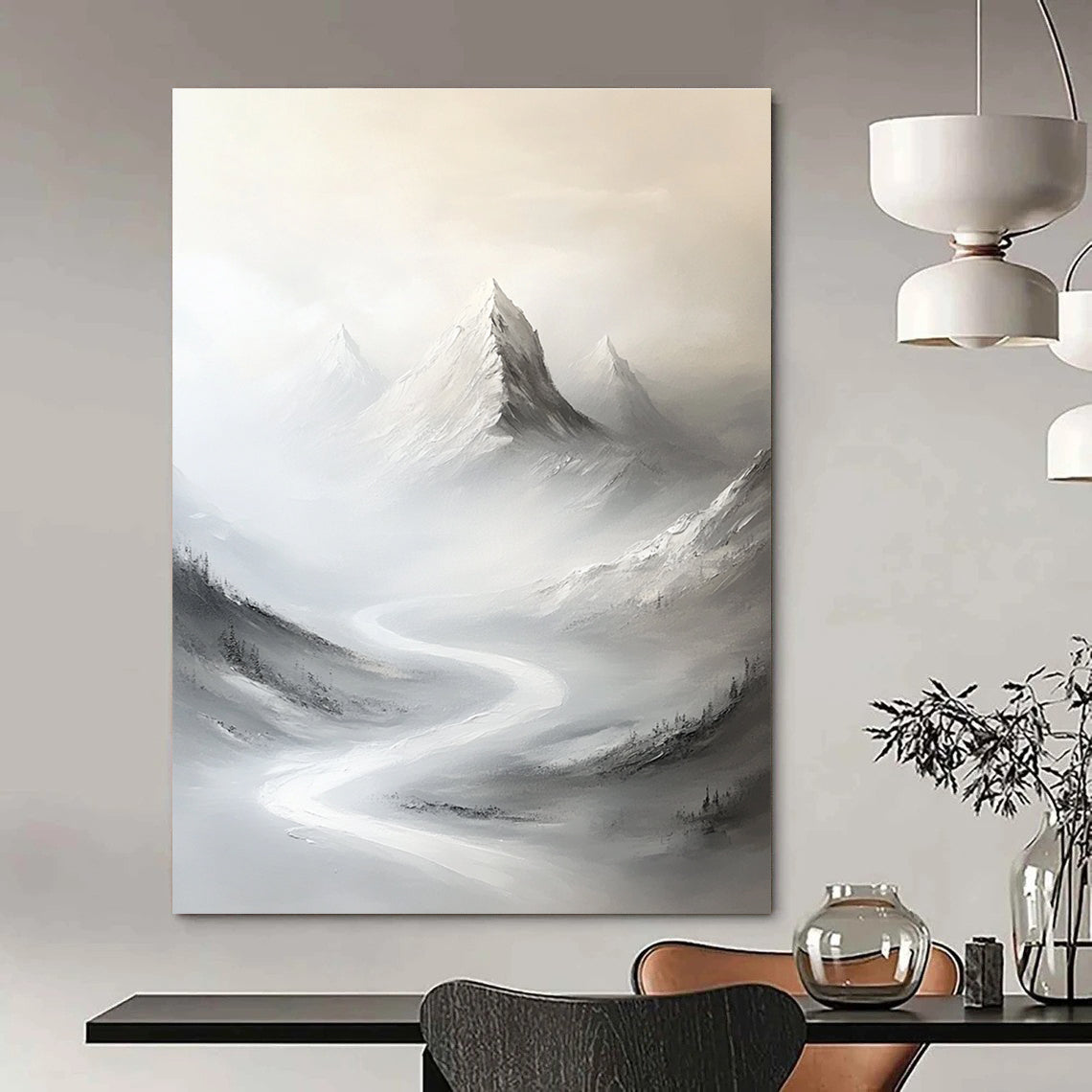 Abstract painting of snow-covered peaks in soft gray tones with a winding road leading to a distant mountain peak.STSC1492