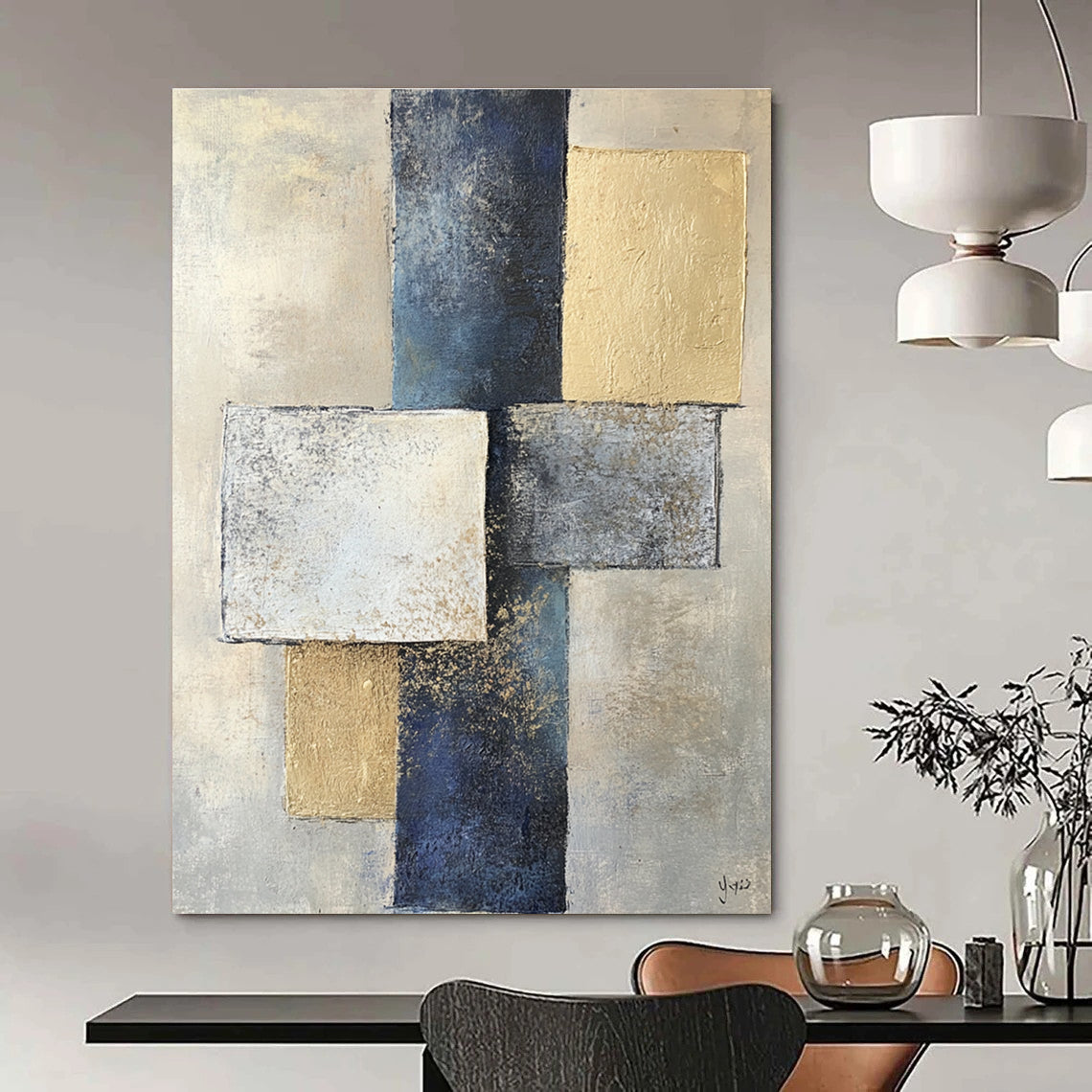 Abstract painting featuring two squares and one rectangle in varying shades of gray on textured paper with a beige and blue color palette.STSC715