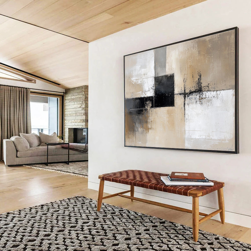 Neutral Geometric Abstract Painting with Beige and Black Tones DYP527
