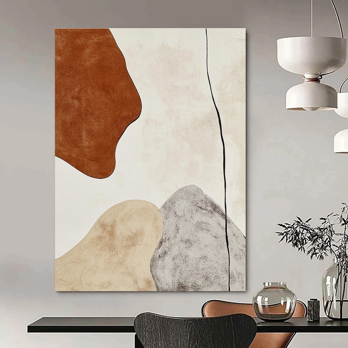 Large Abstract Painting In Earthy Tones Featuring A Brown Shape And Gray Line On A White Background Ideal For Contemporary Interiors.STSC474