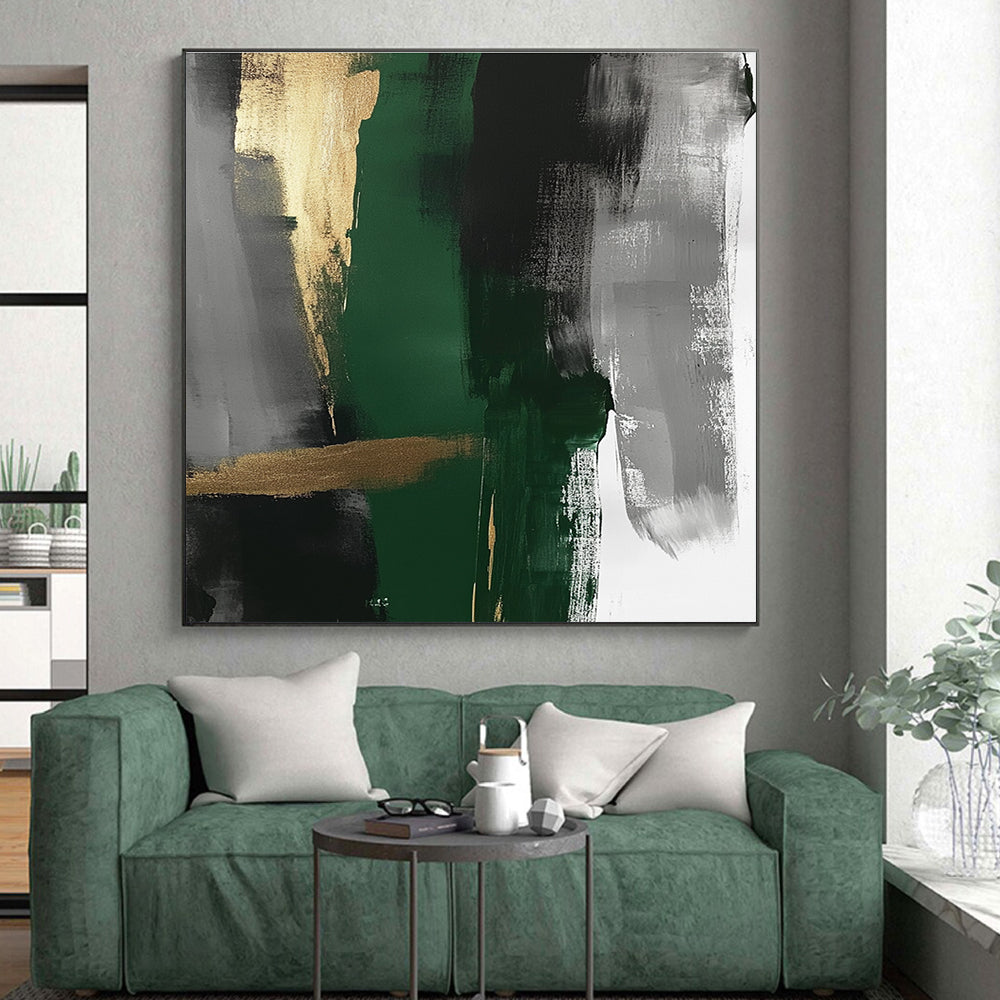 Green Gold Gray Abstract Painting with Elegant Layers GER755