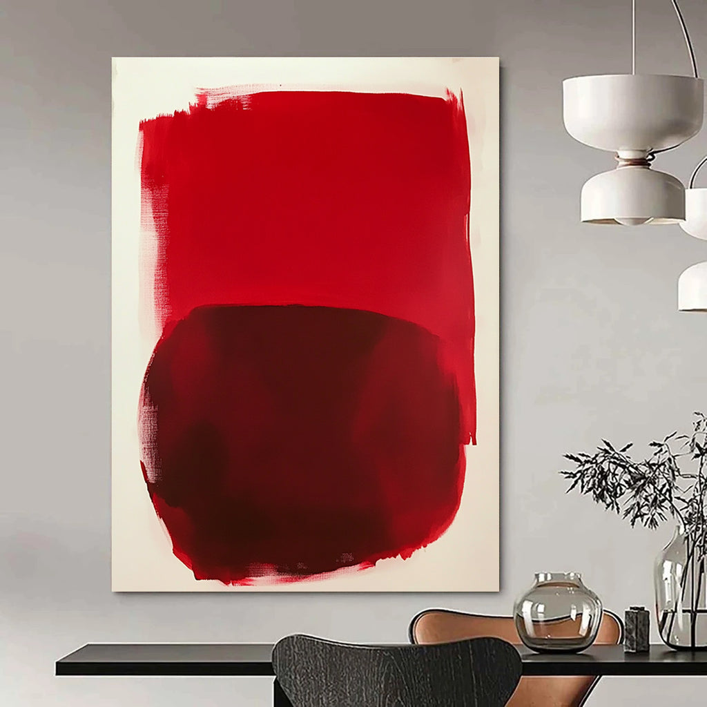Large abstract painting featuring vibrant red shapes on a white background inspired by Mark Rothko's style.STSC1414