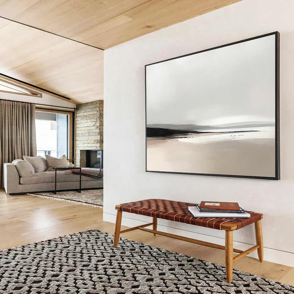 Large abstract oil painting featuring Scottish landscapes in soft greys and beiges with visible brush strokes highlighting a beach horizon.SC092