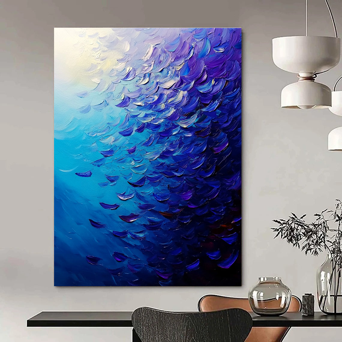 Large abstract painting of a vibrant ocean filled with fish in deep blue and purple hues featuring dynamic brush strokes and rich impasto texture.STSC866