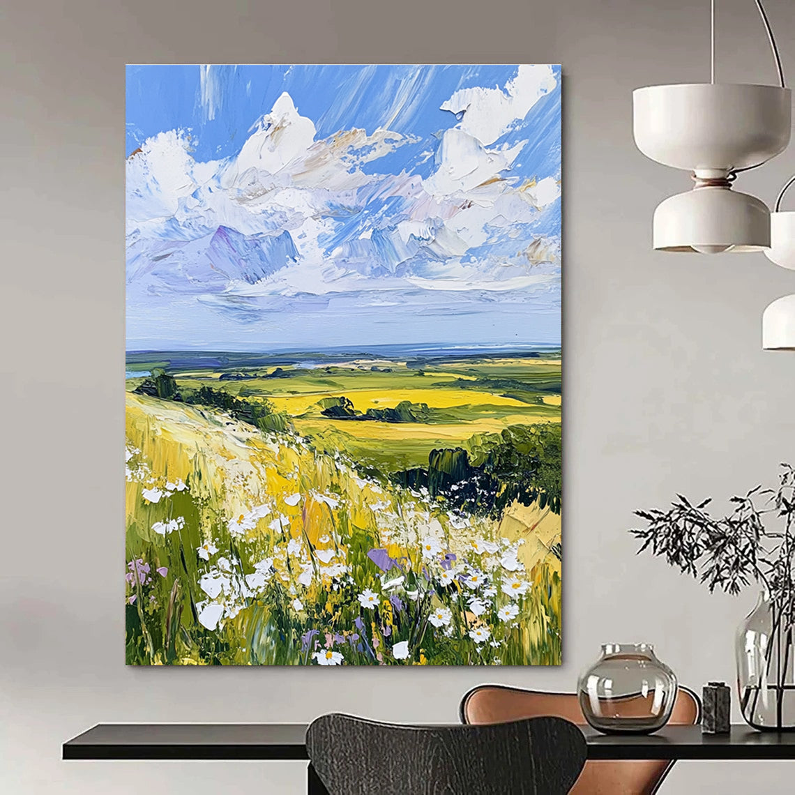 Large abstract painting of the English countryside featuring daisies under a vivid blue sky with fluffy white clouds in a whimsical style.STSC898
