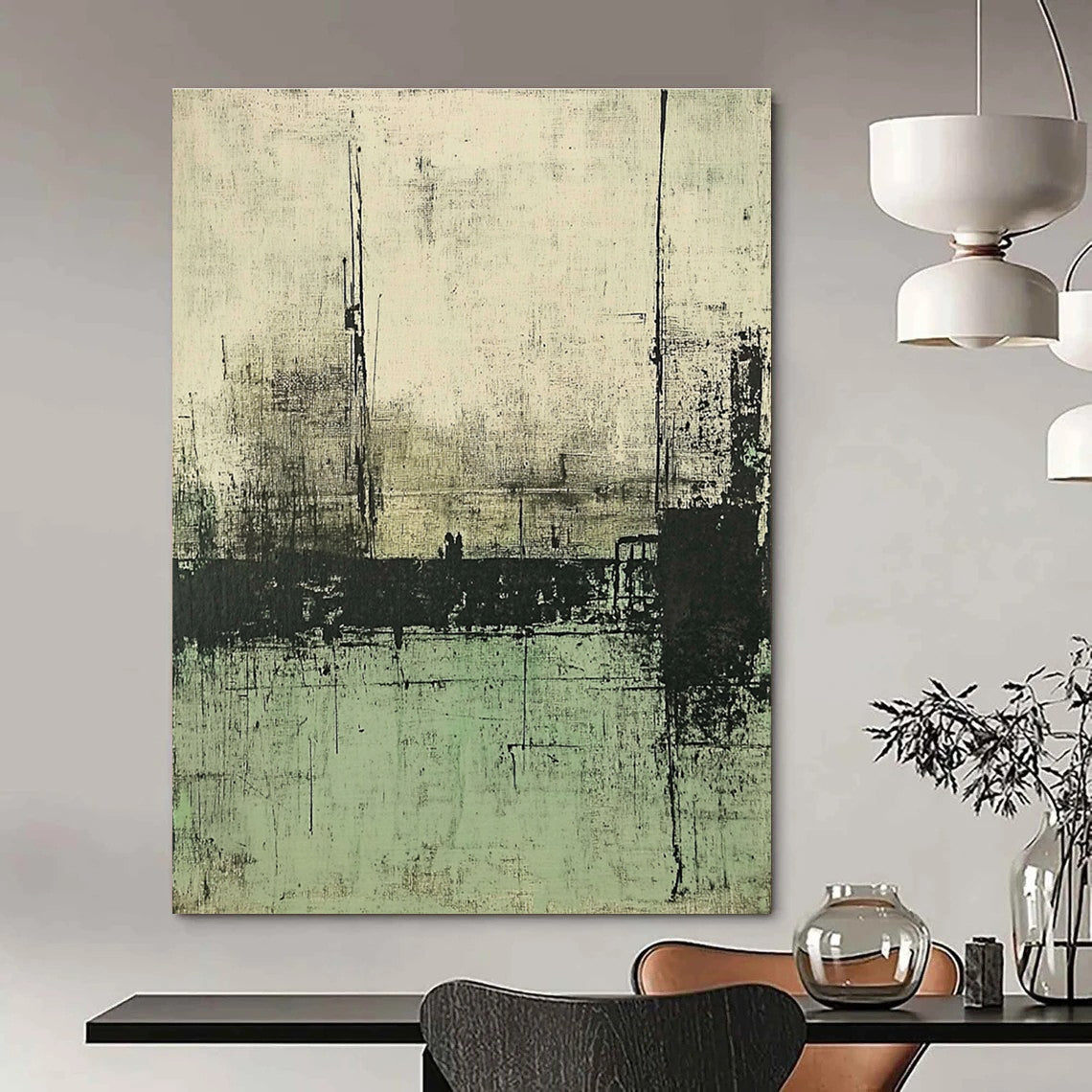 Large abstract painting featuring muted green and gray tones depicting a desolate landscape with distant buildings and water.STSC421