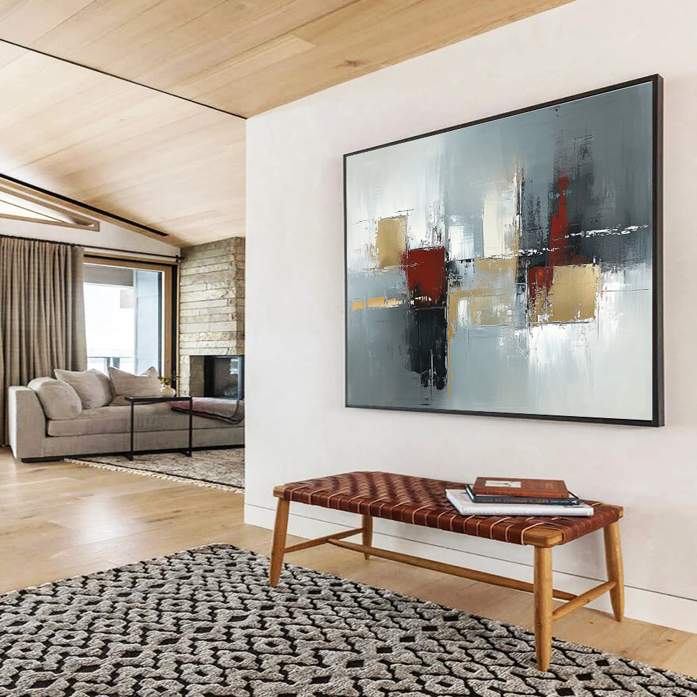 Large abstract painting in neutral tones and grays featuring urban-inspired shapes with depth and texture suitable for modern decor.SC244