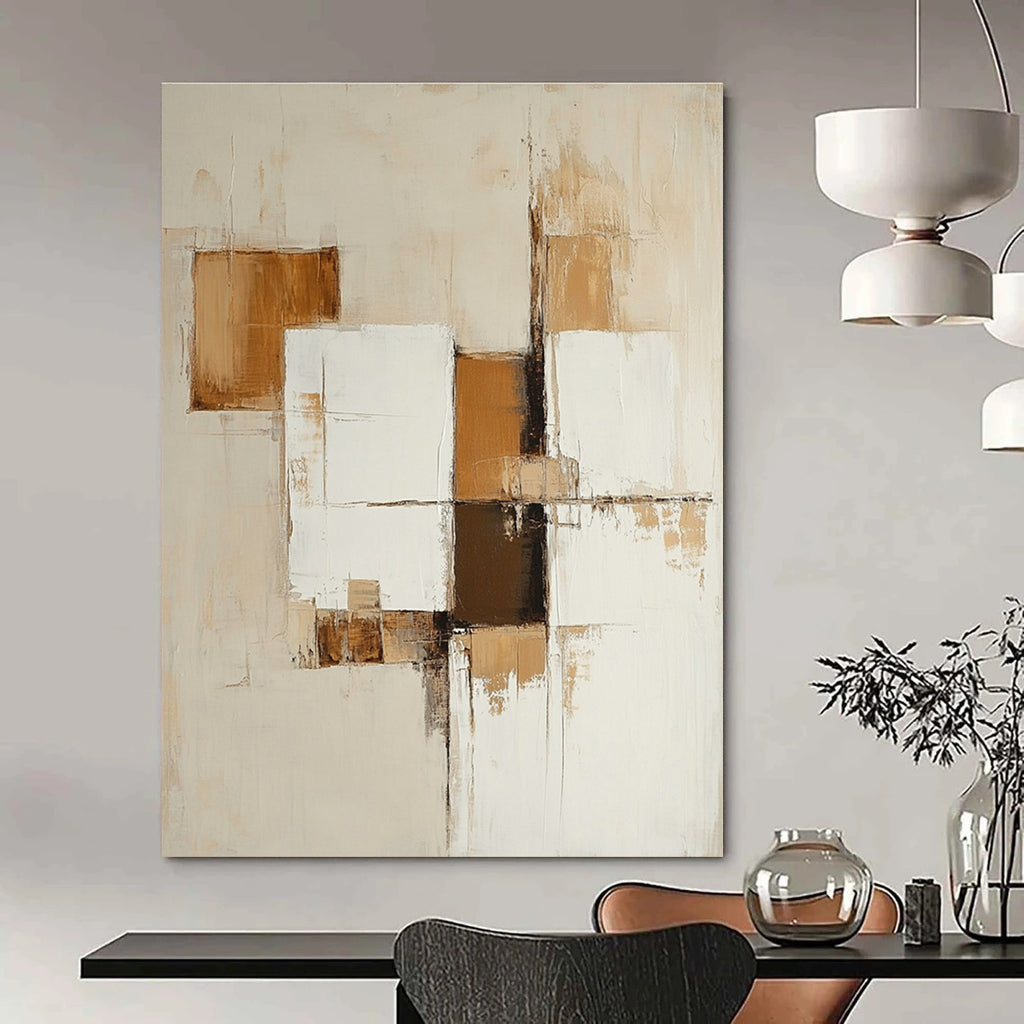 Large abstract painting featuring beige and white squares with brown accents for a modern artistic touch.STSC763