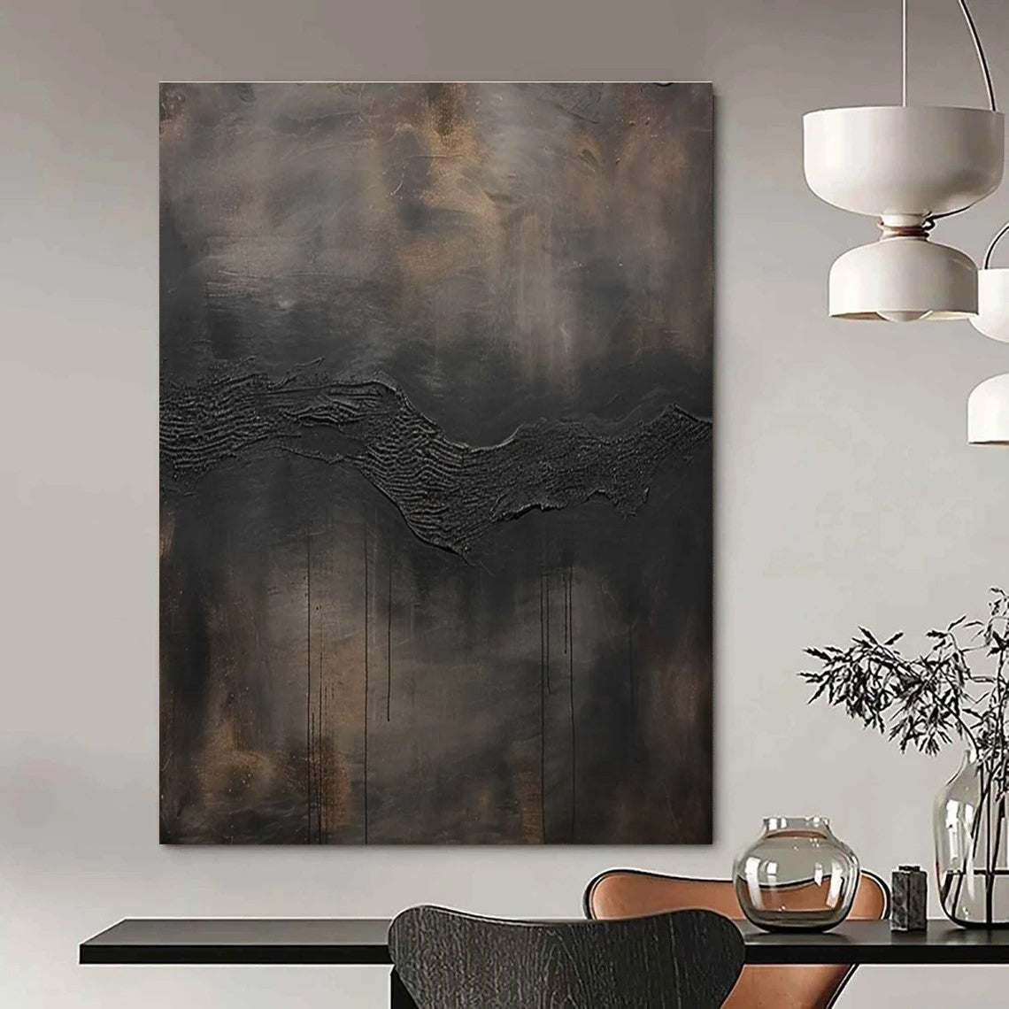 Dark Wave Textured Abstract Painting with Dramatic Lines ADGE506