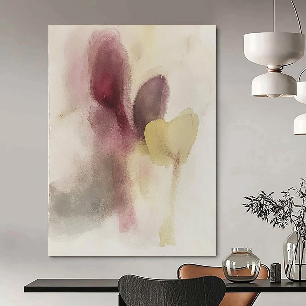 Large abstract painting featuring muted colors soft shapes resembling eggplant and flowers with subtle hints of faces in watercolor.STSC503