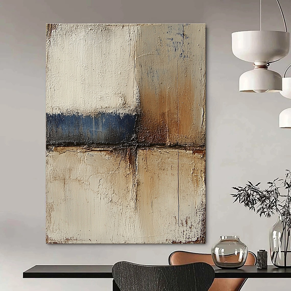 Abstract landscape with neutral colors in earth tones of beige and brown accented by blue textured paint ideal for modern decor.STSC079