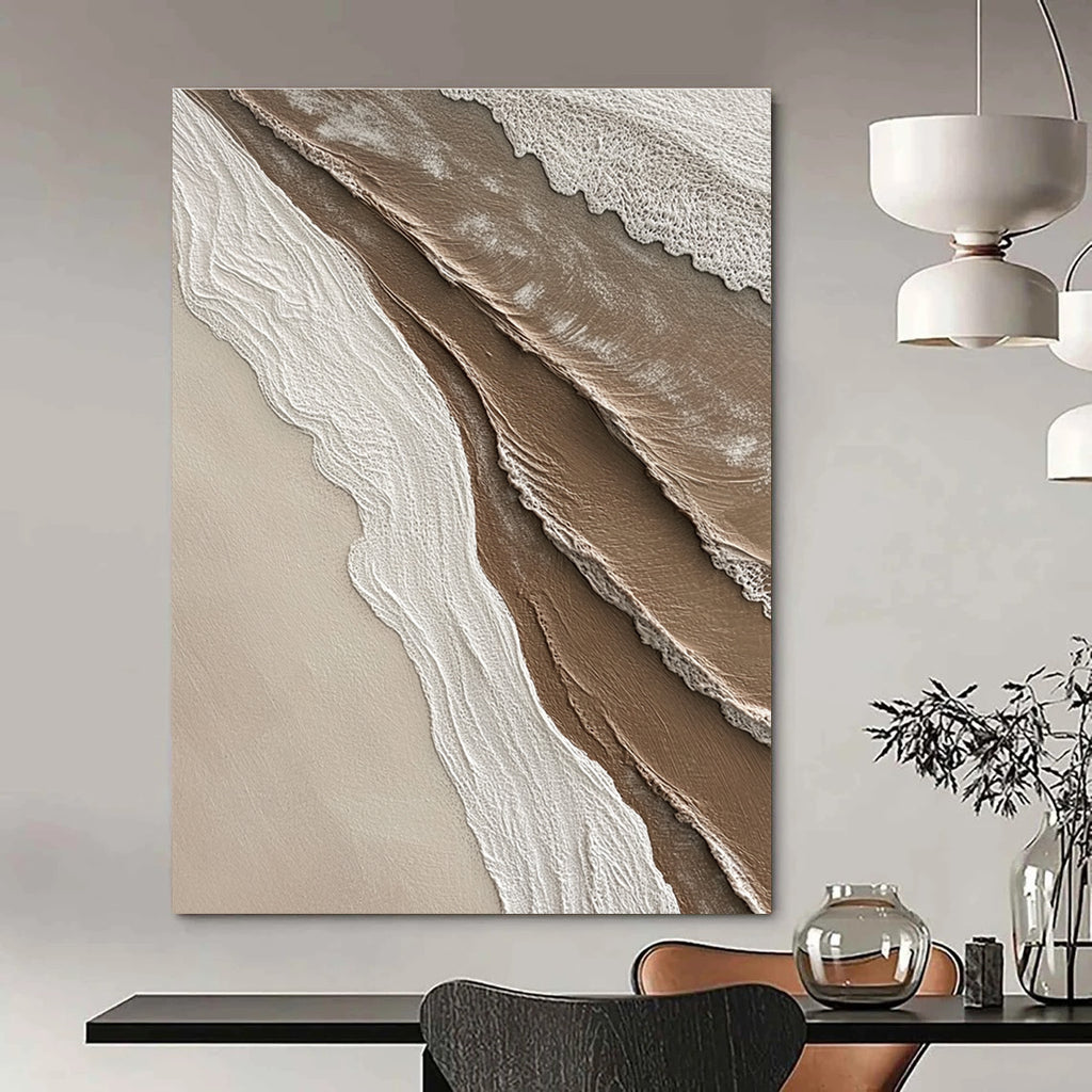 Abstract painting capturing textures where sand meets water in soft shades of brown beige white and grey ideal for enhancing any space.STSC951