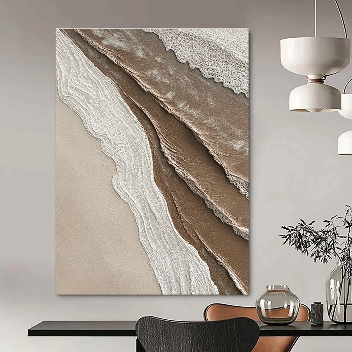 Abstract painting capturing textures where sand meets water in soft shades of brown beige white and grey ideal for enhancing any space.STSC951