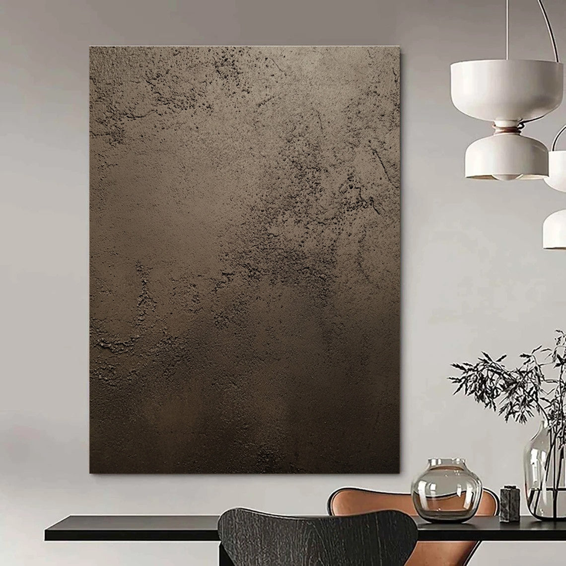 An abstract painting showcasing dark brown stucco texture with intricate details and natural features highlighted by soft lighting in a neutral palette.STSC889