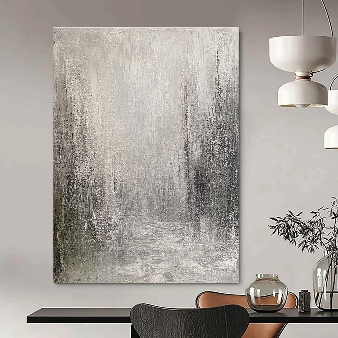 Large abstract painting featuring an atmospheric urban landscape in muted grey and white tones with heavy texture and a mysterious depth.STSC487