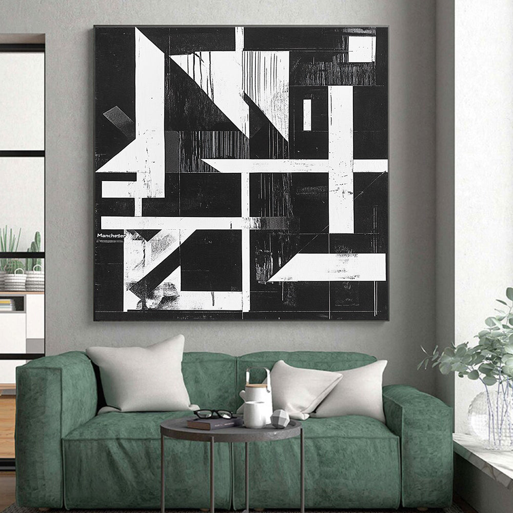 Black and White Geometric Abstract Painting with Architectural Forms GER145