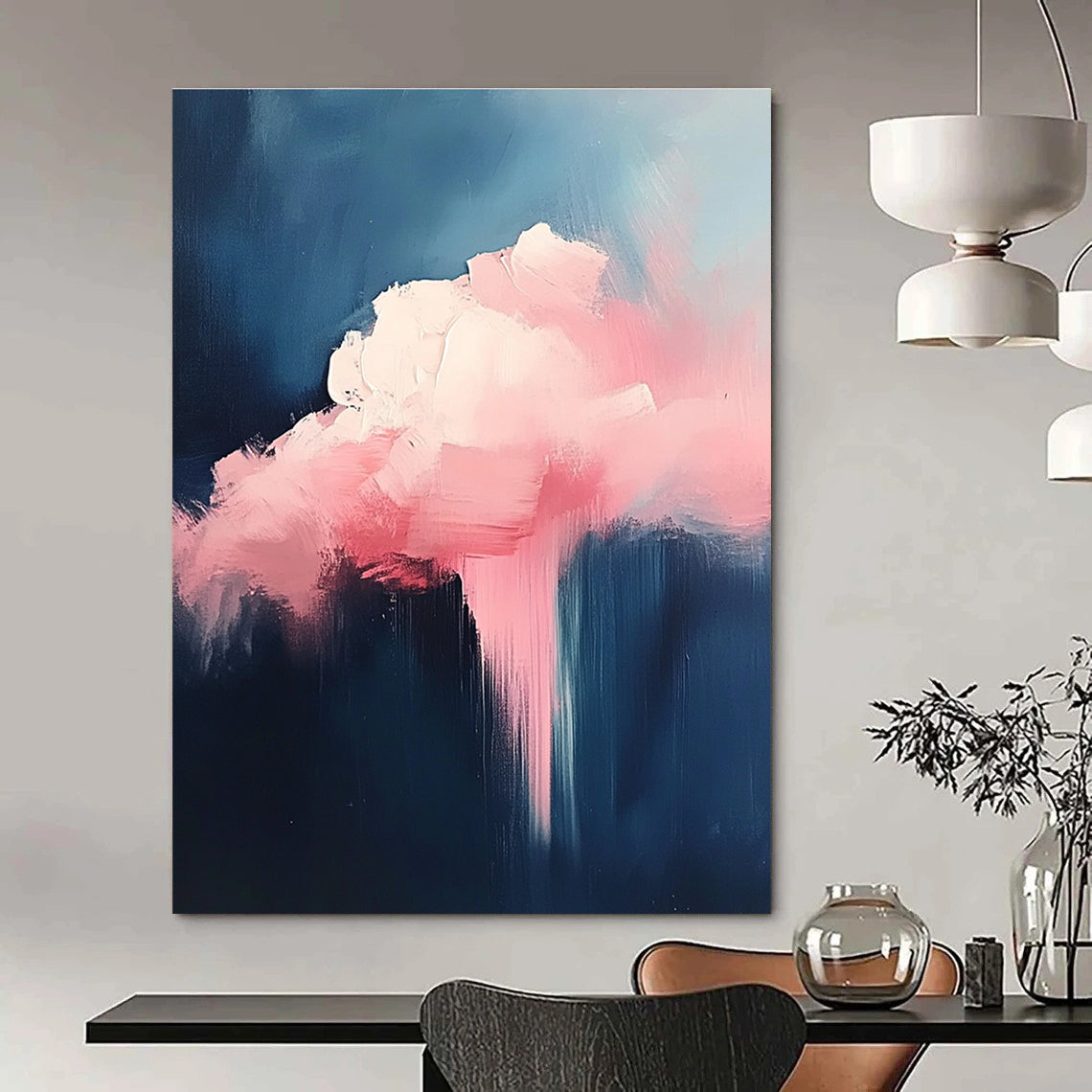 Large abstract painting featuring a pink cloud against a minimalist dark blue background with bold brush strokes.STSC671
