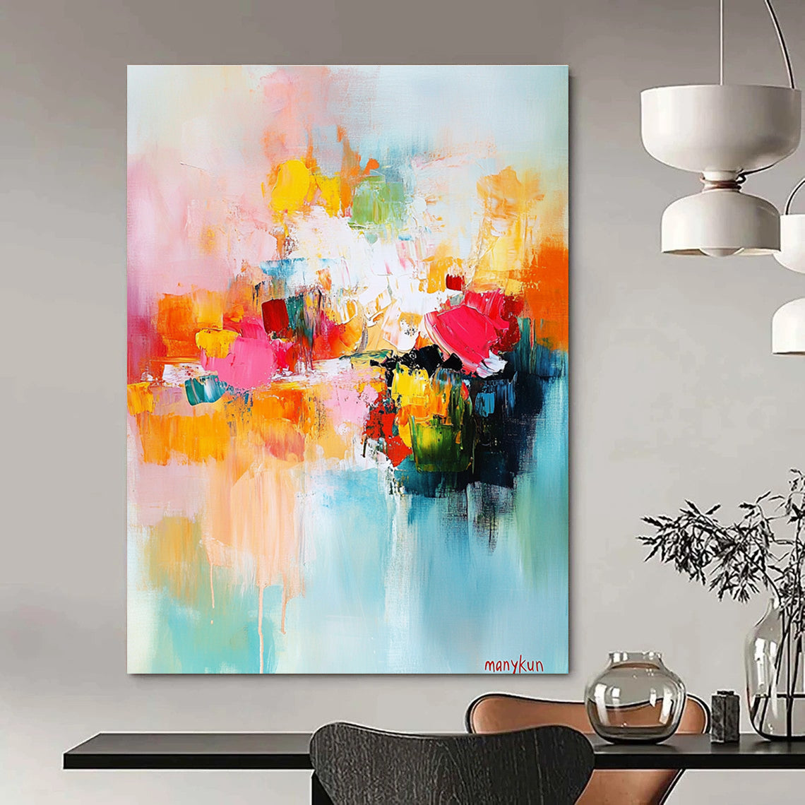 Large abstract painting in bright colors featuring harmonious shapes and soft edges with central text manykun suggesting a serene garden atmosphere.STSC414