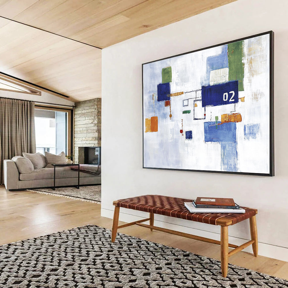 Large abstract painting featuring a white sky and blue and green cityscape with simple shapes and the number 02 at the center.SC182