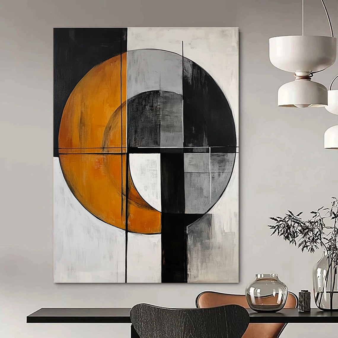 Abstract painting featuring a gray circle and orange half-moon with harmonious colors and geometric shapes in a minimalistic composition.STSC208