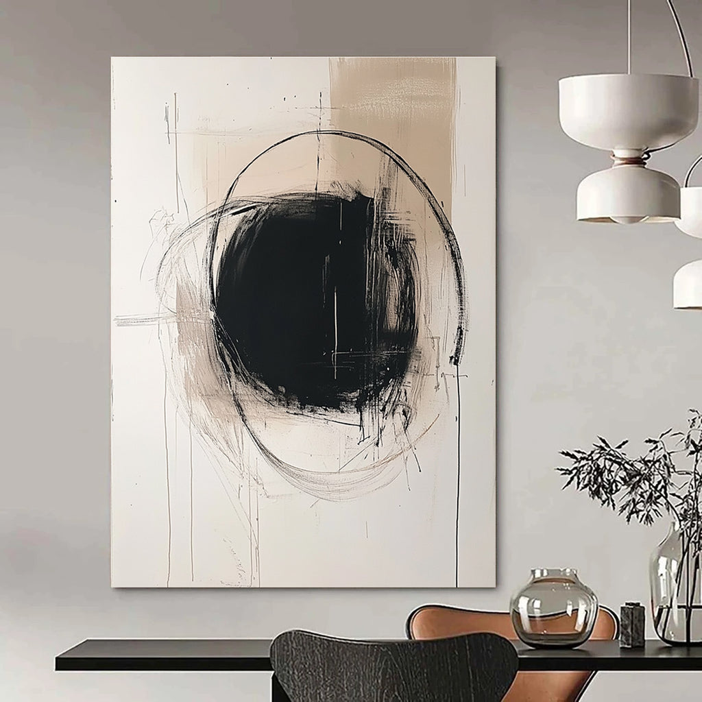 Large abstract painting featuring a central grayish circle minimalist lines and light splashes on off-white paper in the style of Doig and Hockney.STSC771