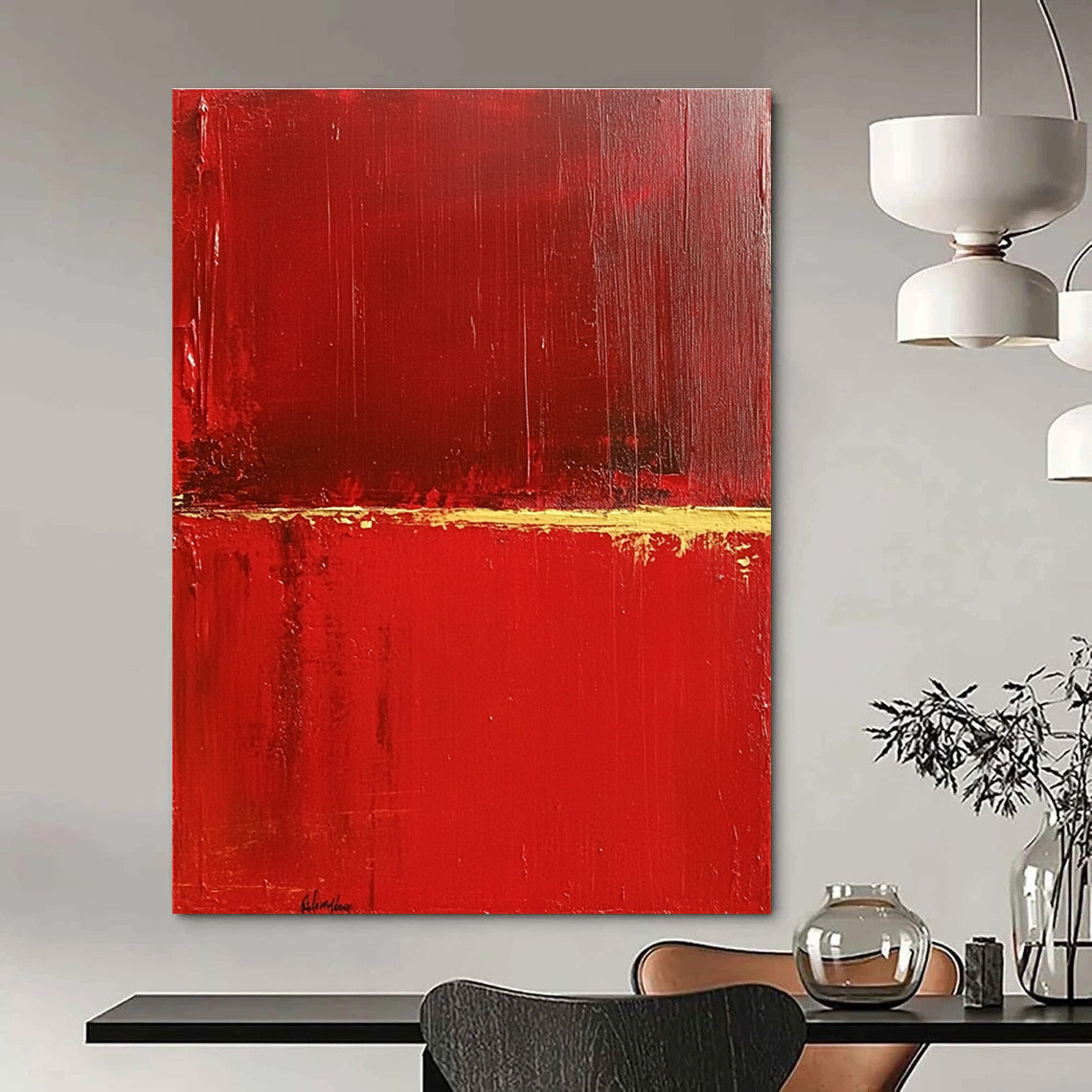 Large abstract painting featuring a red background with a central yellow line evoking lightness and depth in a minimalist style.STSC459