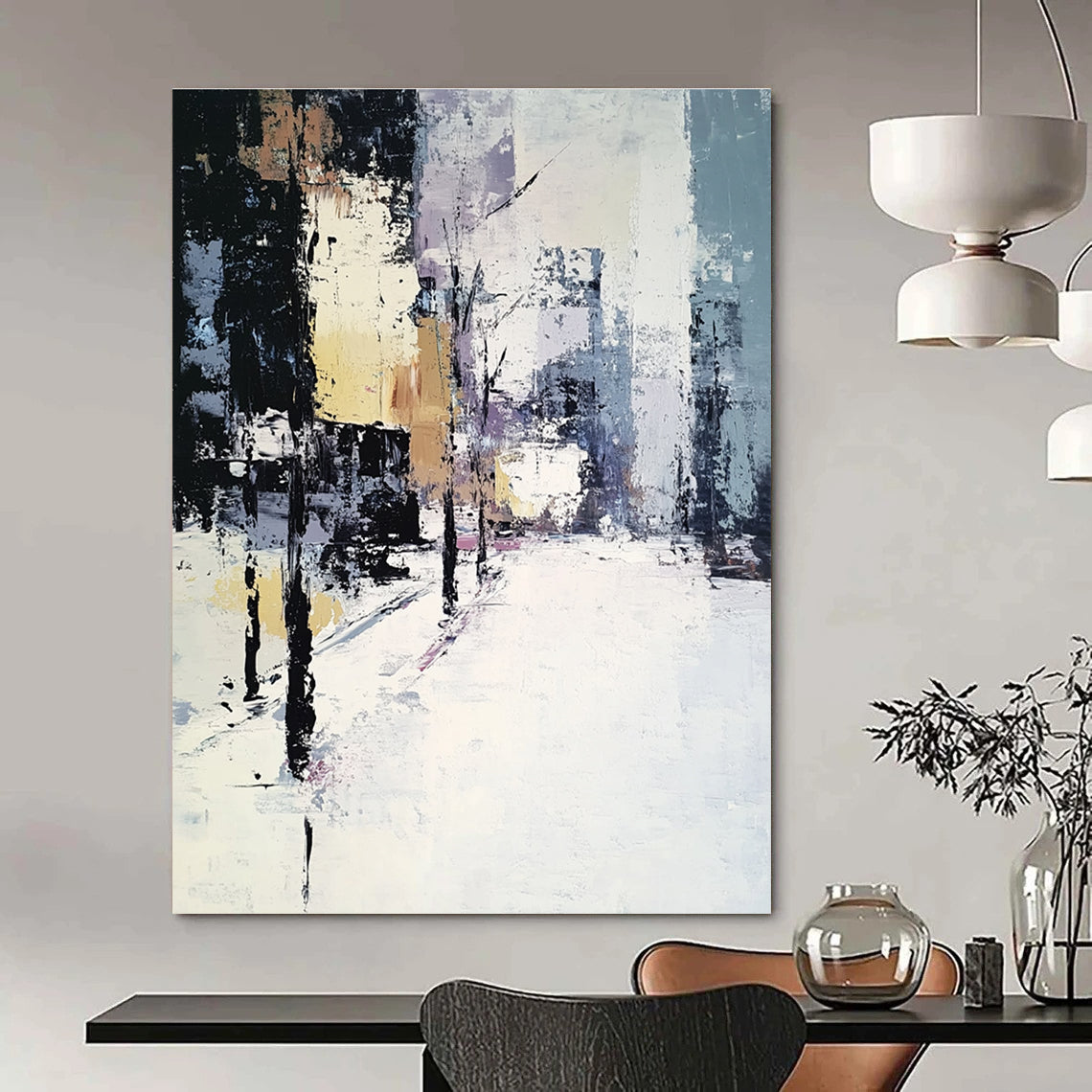 Large Abstract Oil Painting of a Winter Cityscape in Muted Whites and Greys with Beige and Black Accents, Perfect for Modern Decor.STSC159