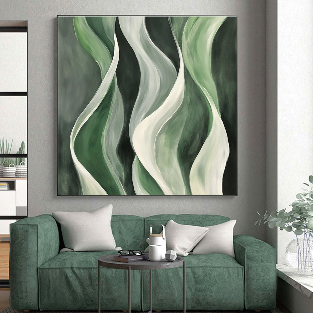 Green and White Wavy Abstract Painting on Dark Green GER241