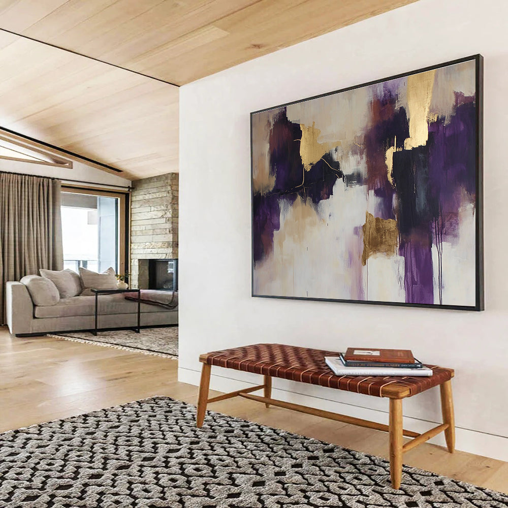Purple and Gold Abstract Painting with Dynamic Forms DYP396