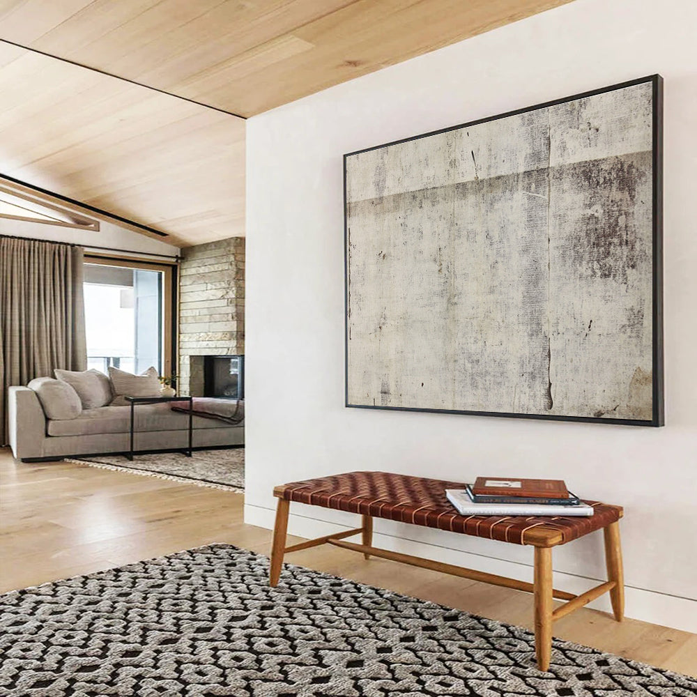 Large abstract artwork featuring vintage paper texture with distressed white gray tones and hints of brown along with watercolor splashes and antique French wallpaper pattern.SC615
