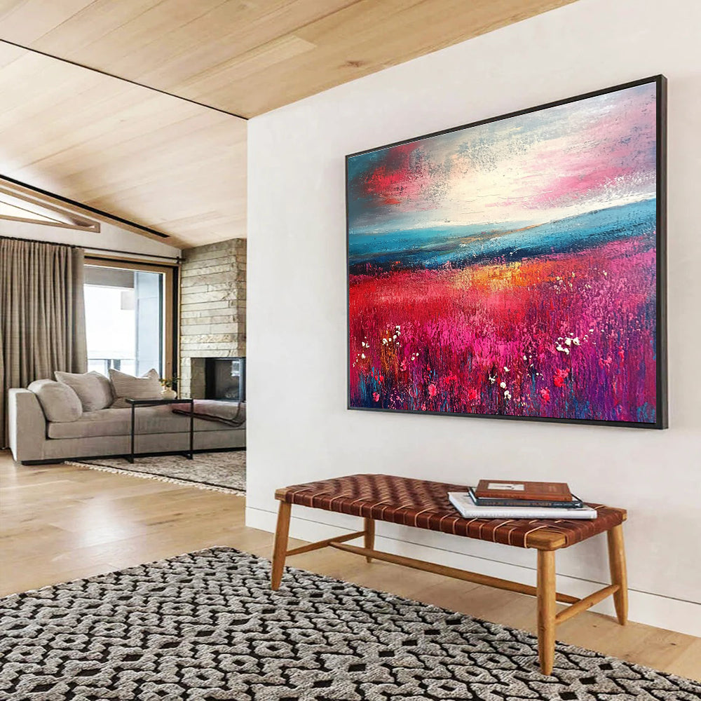 An abstract landscape featuring vibrant pink and teal brush strokes merges into a field of flowers, guiding the eye towards a distant horizon.SC314