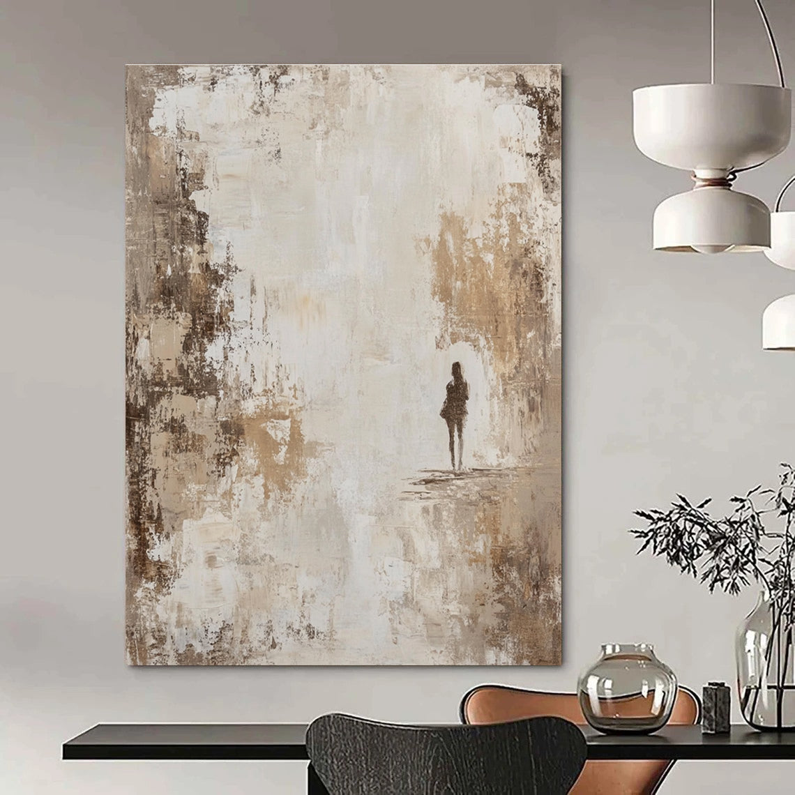 Large abstract painting featuring a beige and white distressed background with neutral tones that add a vintage feel and subtle elegance to any space.STSC905