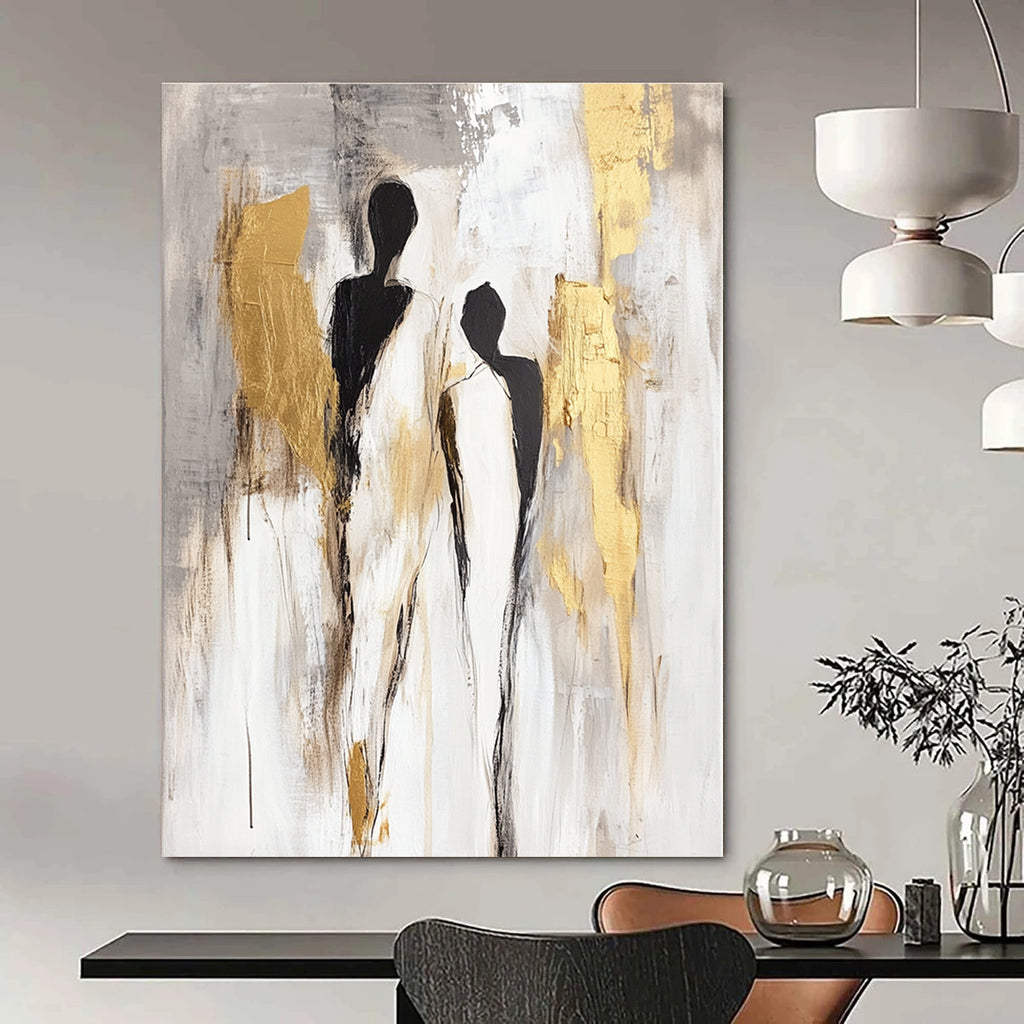 Large abstract painting in neutral tones with gold accents featuring soft gestural figures and delicate brush strokes on a light grey background.STSC440