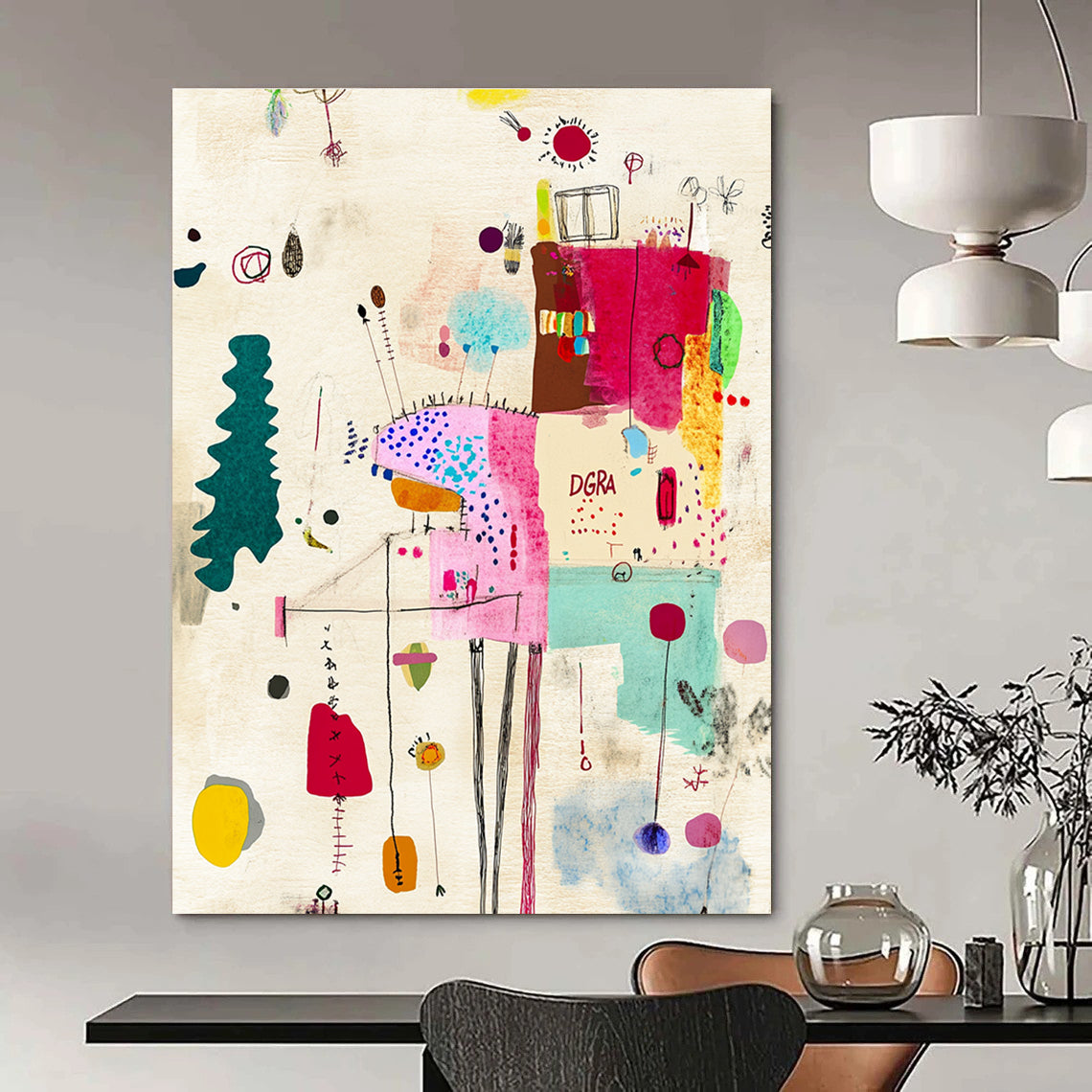 A Large Abstract Art Piece Featuring Sewing Elements Textured Paper Soft Colors Scribbled Lines and the Text DGRA.STSC934