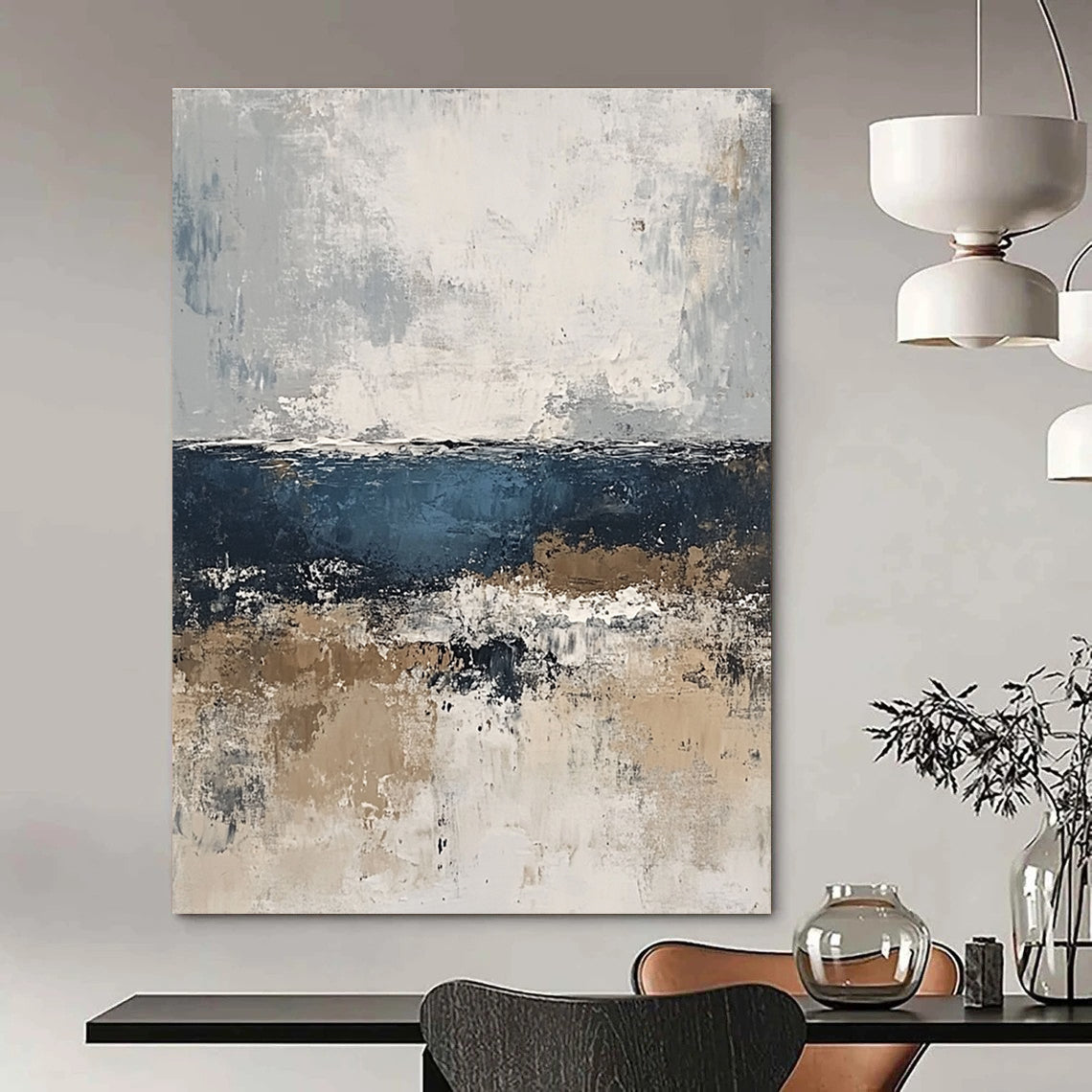 Large abstract painting of the sea in gray and blue tones with accents of beige brown and white for a serene artistic touch.STSC343