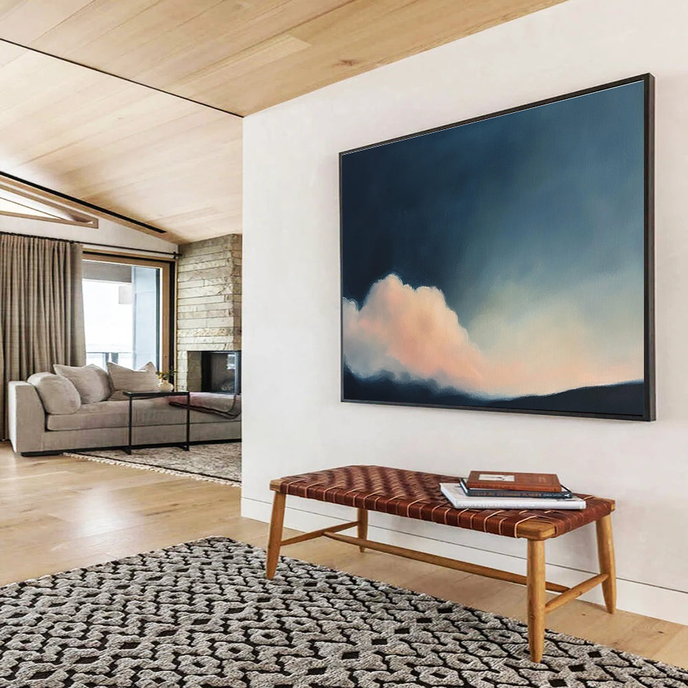 A large abstract painting of clouds in soft pink and dark blue, inspired by Cecily Mary Barker's atmospheric style.SC408