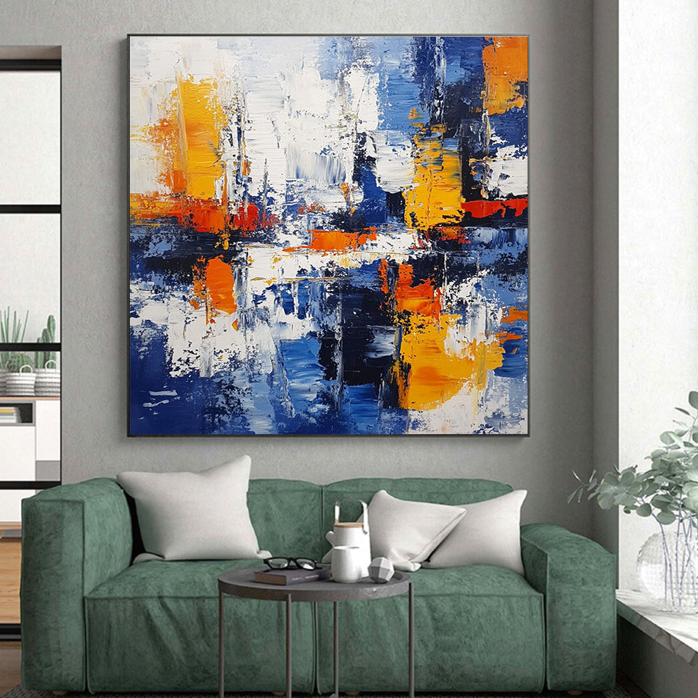 Blue Orange Abstract Painting with Textured Layers GER711