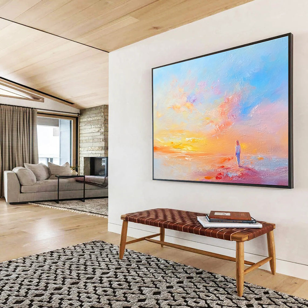 Large abstract painting featuring serene pastel colors soft brushstrokes and tranquil landscapes evoking a peaceful atmosphere at dawn.SC281